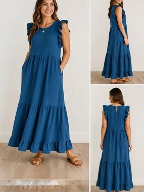 Universal Thread Goods Co Cotton Gauze Tiered Maxi Dress Blue Ruffle Sleeves L